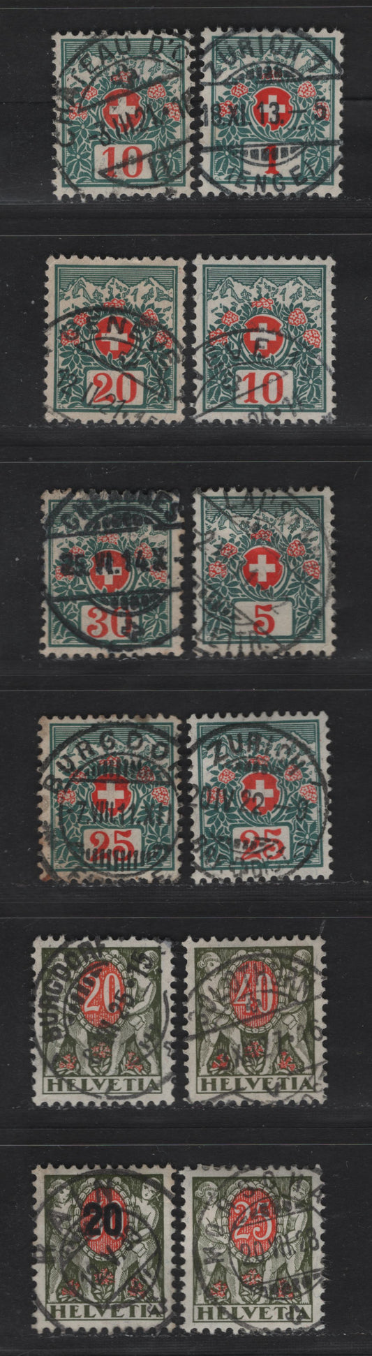 Lot 202 Switzerland (C)SC#J35, J37, J38, J40-J42, J51-J52, J58 1c - 20c on 50c Blue Green & Red - Olive Green & Red Numeral, 1910-1937 Postage Dues, 12 Fine/Very Fine Used Singles, SON CDS Cancels