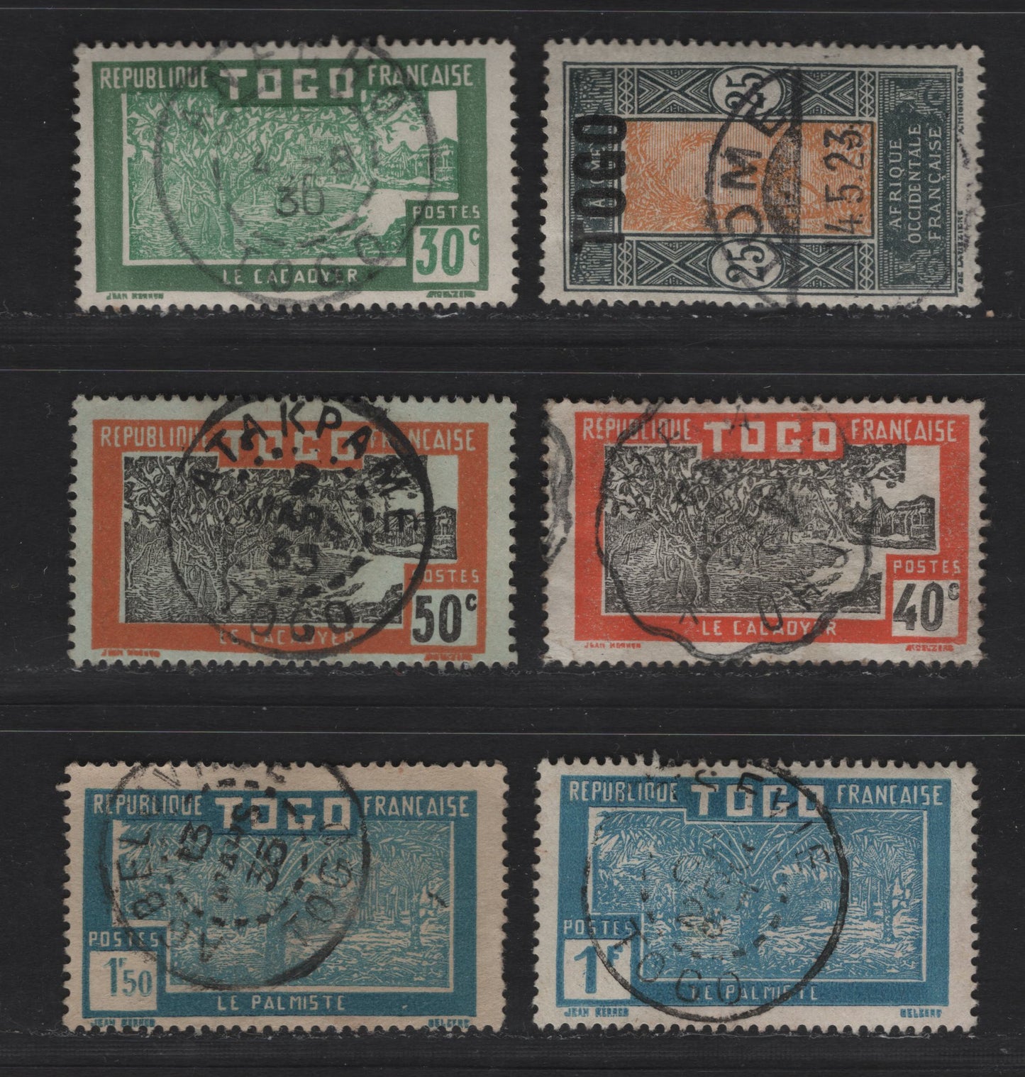 Lot 203 Togo SC#200, 228, 225, 230, 240, 245 25c - 1.50fr Slate & Orange - Blue & Light Blue Pictorials, 1921-1938 Overprinted - Pictorial Keyplate Issues, 6 Fine/Very Fine Used Singles, SON Town Cancels
