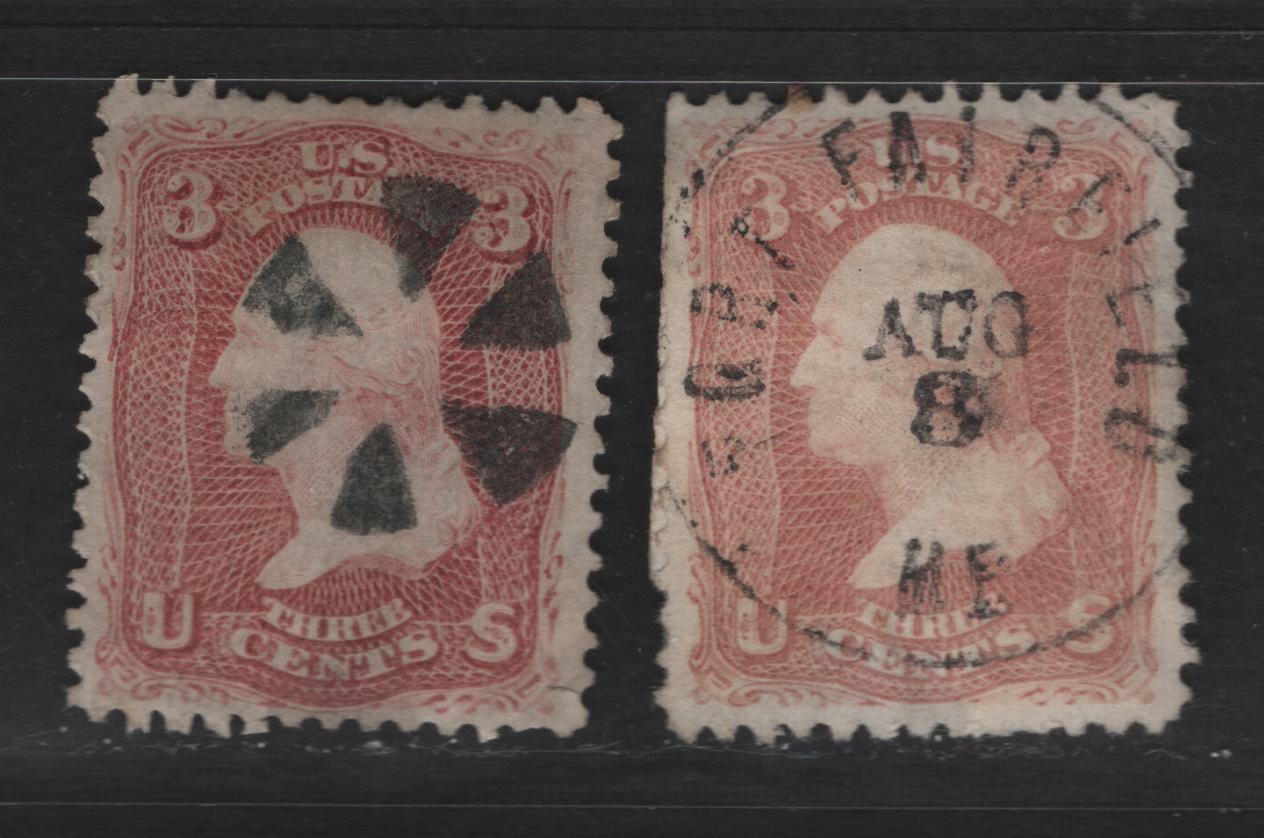 Lot 205 United States (C)SC#65 3c Rose & Deep Rose Washington, 1861-1862 Civil War Issue, 2 Very Good/Fine Used Singles, Fairly Segmented Cork & Fort Fairfield CDS Cancels