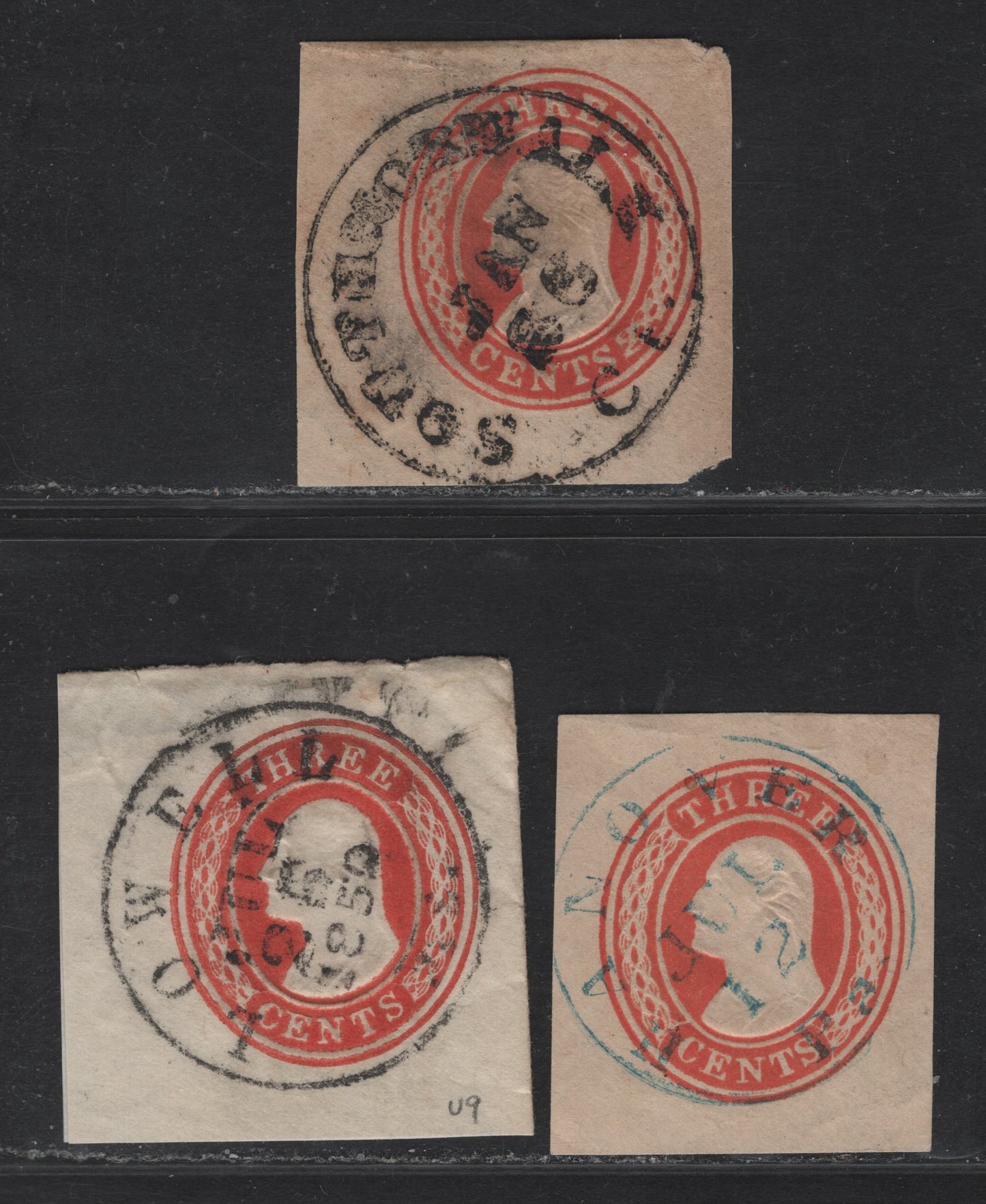 Lot 207 United States SC#U9 3c Red Washington, 1853-1855 First Nesbitt Issue, 3 Fine/Very Fine Used Cut Squares, SON Lowell MS, Hanover PA & South Norwalk CT Cancels