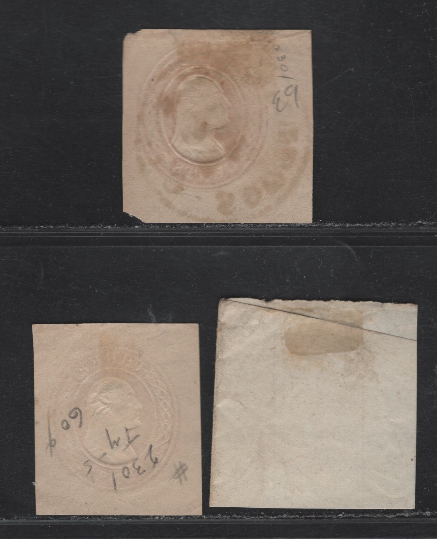 Lot 207 United States SC#U9 3c Red Washington, 1853-1855 First Nesbitt Issue, 3 Fine/Very Fine Used Cut Squares, SON Lowell MS, Hanover PA & South Norwalk CT Cancels