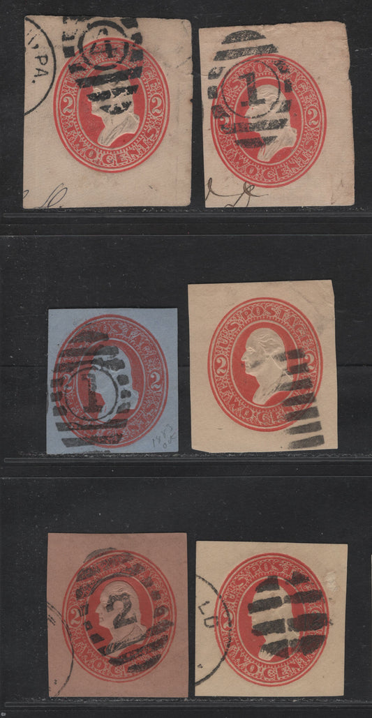 Lot 209 United States SC#U227-U230 2c Red Washington, 1883 Issue, 6 Fine/Very Fine Used Cut Squares, White, Amber, Fawn & Blue Papers, Showing Complete Numeral & Grid Cancel Strikes