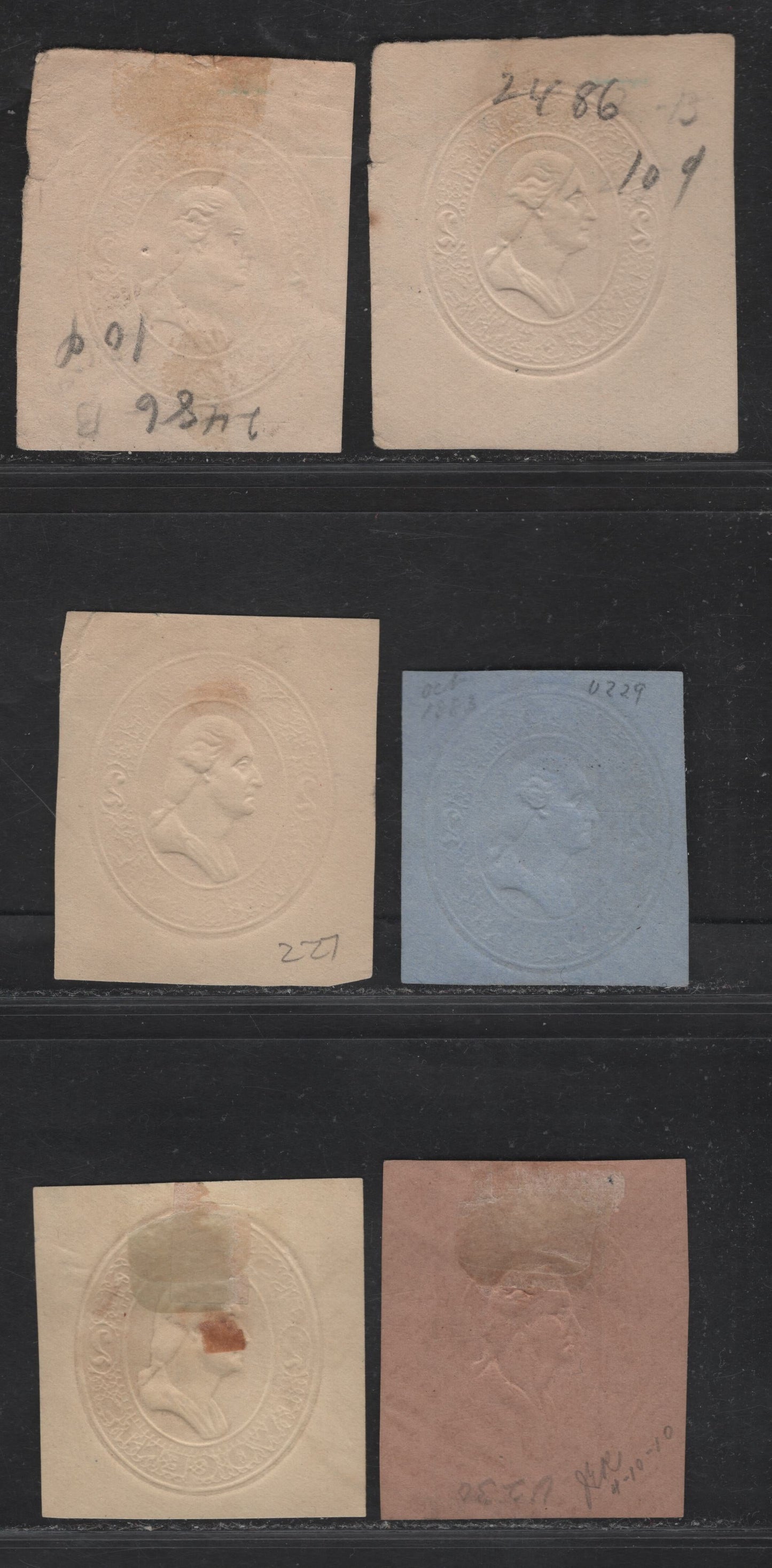 Lot 209 United States SC#U227-U230 2c Red Washington, 1883 Issue, 6 Fine/Very Fine Used Cut Squares, White, Amber, Fawn & Blue Papers, Showing Complete Numeral & Grid Cancel Strikes