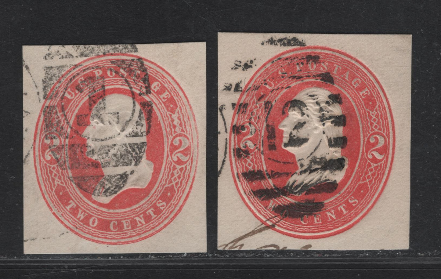 Lot 210 United States SC#U231, U236 2c Red Washington, 1883 Issue, 2 Fine Used Cut Squares, White Paper, Fine, Clear Wavy Lines & Thick Blurry Wavy Lines, Full Strikes Of #1 & #12 Numeral Cancels.