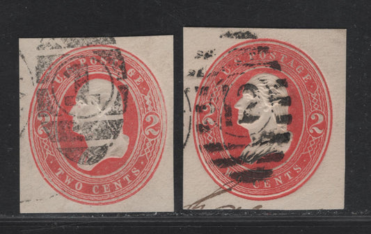 Lot 210 United States SC#U231, U236 2c Red Washington, 1883 Issue, 2 Fine Used Cut Squares, White Paper, Fine, Clear Wavy Lines & Thick Blurry Wavy Lines, Full Strikes Of #1 & #12 Numeral Cancels.