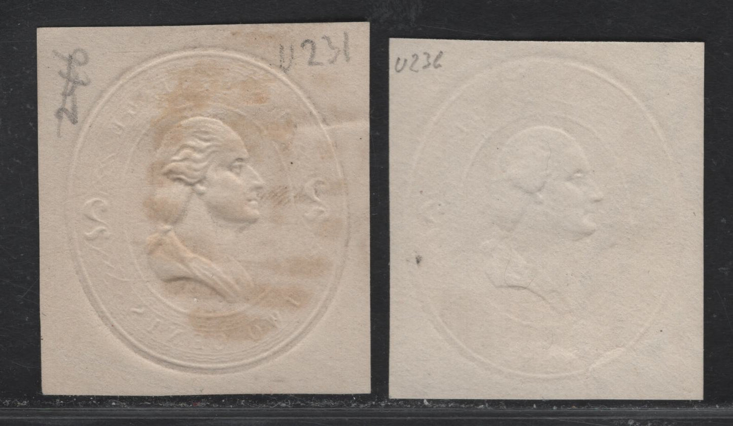Lot 210 United States SC#U231, U236 2c Red Washington, 1883 Issue, 2 Fine Used Cut Squares, White Paper, Fine, Clear Wavy Lines & Thick Blurry Wavy Lines, Full Strikes Of #1 & #12 Numeral Cancels.