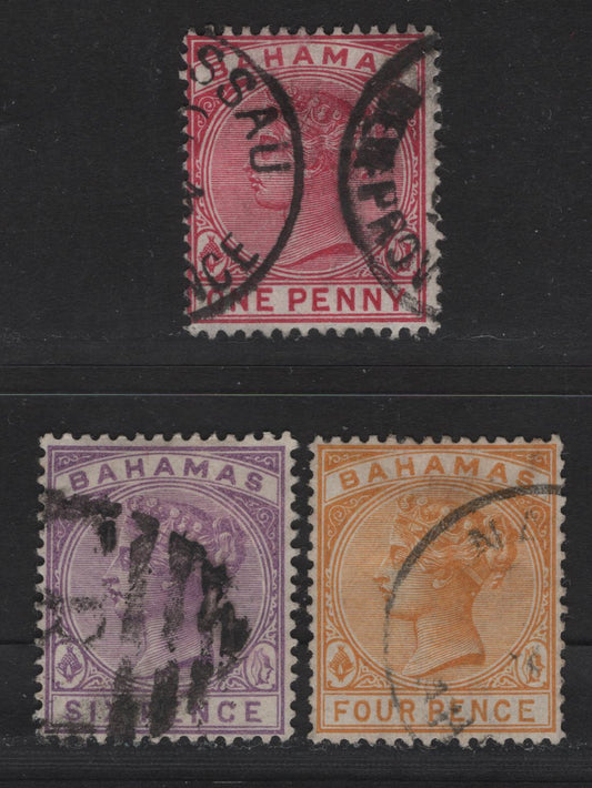 Lot 21 Bahamas SG#49, 53-54 1d - 6d Bright Aniline Carmine - Mauve Queen Victoria, 1884-1890 Queen Victoria Issue, 3 Fine/Very Fine Used Singles, De La Rue Keyplates