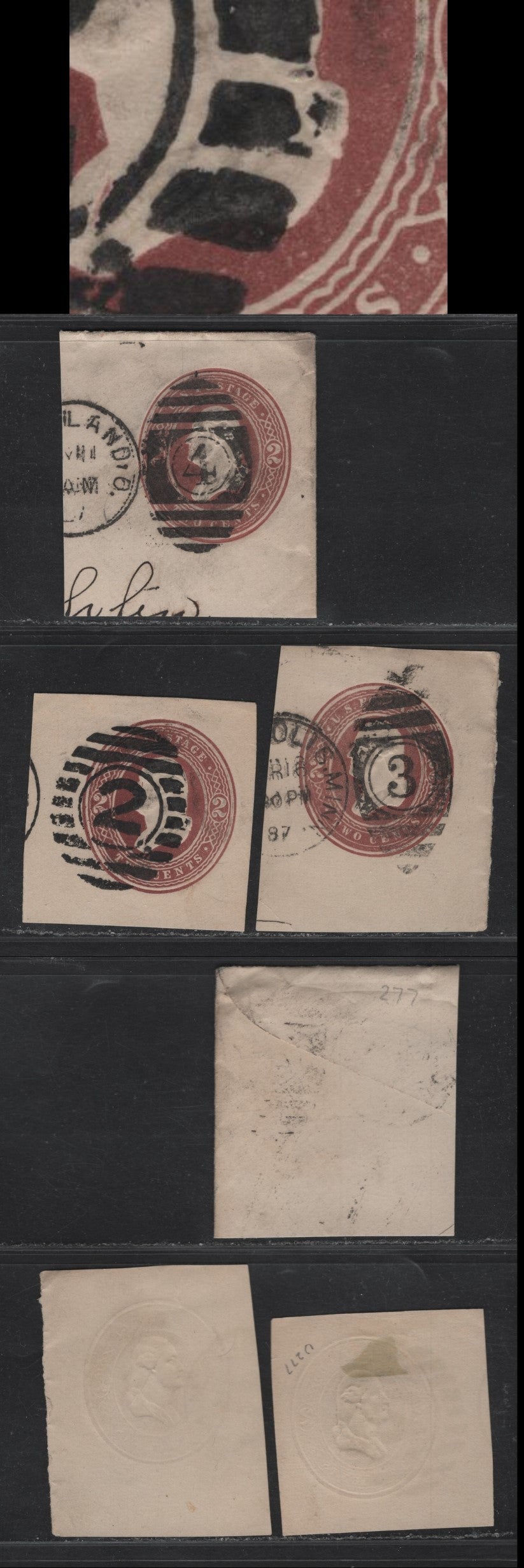 Lot 211 United States SC#U277 2c Brown Washington, 1884-1886 Issue, 3 Very Fine Used Cut Squares, Two Wavy Lines In oval & Extemity Of Bust Below Queue, Bold & Complete Barred #2 & Other Numeral Cancels