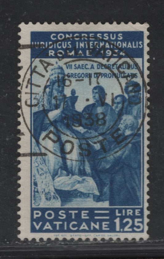 Lot 213 Vatican City SC#46 1.25l Dark Blue Juridical Congress, 1935 Int'l Juridical Congress Issue, A Fine Used Single, June 17 1938 Vatican City Cancel