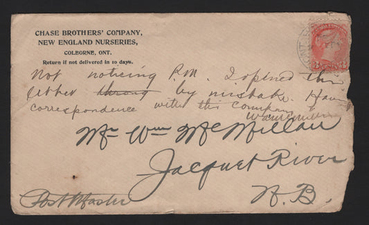 Lot 214 Canada #41 3c Vermillion Queen Victoria, 1888-1897 Small Queen Issue, A Very Fine Used Domestic Cover, From Colburne ON to Jacquet River NB, Somewhat Roughly Opened