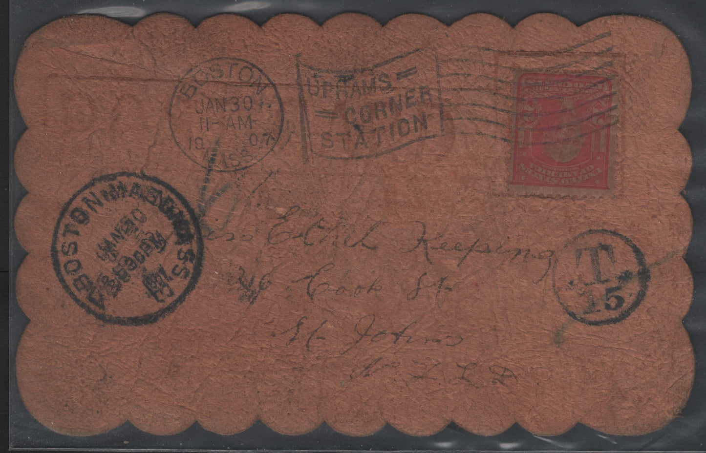 Lot 216 United States SC#319 2c Carmine Washington, 1903 Issue, A Very Fine Used Cover, Humorous Image & Message On Reverse, Sent From Boston MA (June 30 1907) To St John's NFLD (1907)
