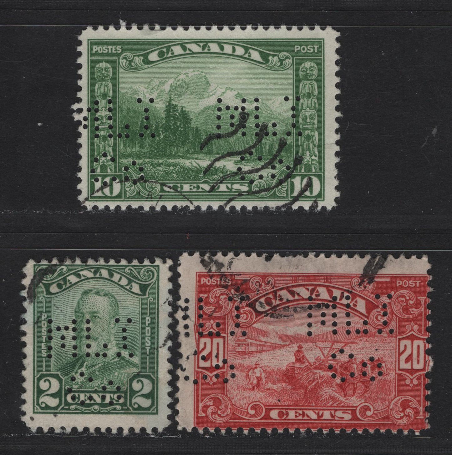 Lot 220 Canada (C)#150, 155, 157 2c - 20c Green - Carmine King George V - Harvesting Wheat, 1928-1929 Scroll Issue, 3 Very Good/Fine Used Singles, Metropolitan Life Insurance Company Perfin For The Ottawa Office