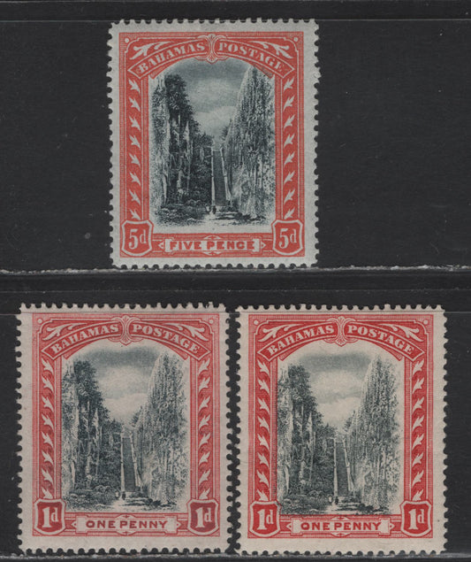 Lot 22 Bahamas SG#58-59, 75 1d - 5d Black & Red - Black & Orange Queen's Staircase, 1901-1919 Queen's Staircase Issue, 3 F/VFOG Singles, Crown CC & Multiple Crown CA Wmks