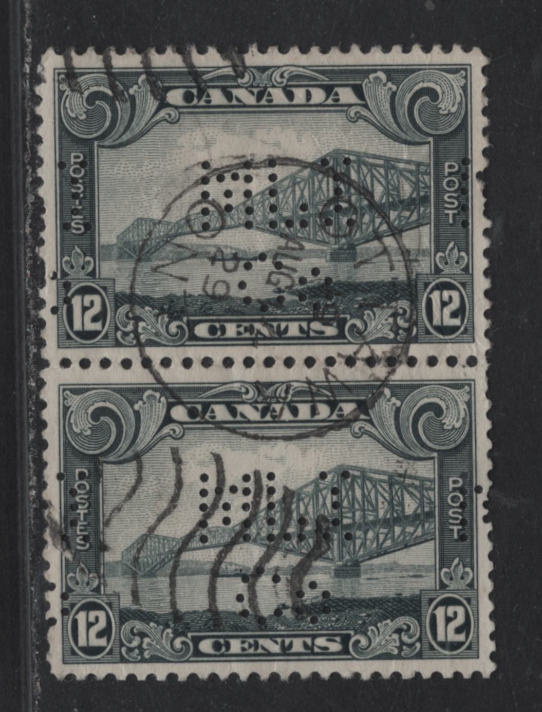 Lot 222 Canada (C)#156 12c Bluish Slate Quebec Bridge, 1928-1929 Scroll Issue, A Fine Used Pair, Ottawa Metropolitan Life Insurance Company Perfin, Cancelled With August 14 1929 Ottawa Duplex