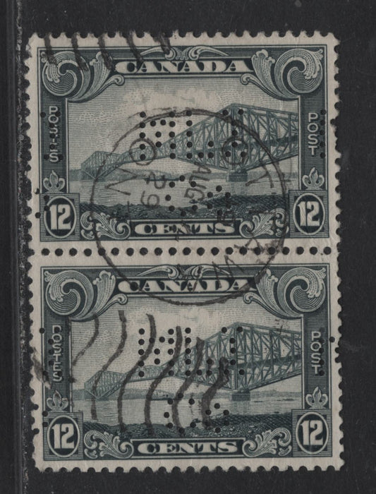 Lot 222 Canada (C)#156 12c Bluish Slate Quebec Bridge, 1928-1929 Scroll Issue, A Fine Used Pair, Ottawa Metropolitan Life Insurance Company Perfin, Cancelled With August 14 1929 Ottawa Duplex