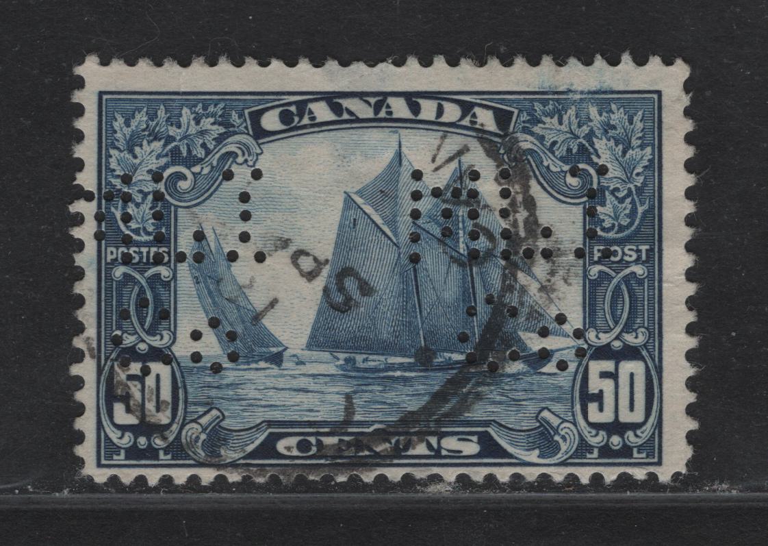 Lot 223 Canada (C)#158 50c Dark Blue Bluenose, 1928-1929 Scroll Issue, A Good Used Single, Ottawa Metropolitan Life Insurance Company Perfin, Pos. 1, Small Internal Crease At Top & Shallow Hinge Thin.