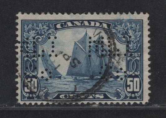 Lot 223 Canada (C)#158 50c Dark Blue Bluenose, 1928-1929 Scroll Issue, A Good Used Single, Ottawa Metropolitan Life Insurance Company Perfin, Pos. 1, Small Internal Crease At Top & Shallow Hinge Thin.