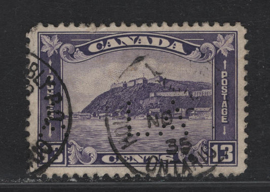 Lot 224 Canada (C)#201 13c Slate Violet Quebec Citadel, 1932 Medallion Issue, A Fine Used Single, Ontario Legislative Assembly Perfin Pos. 1, Small Wrinkle At Top Paper Flaws