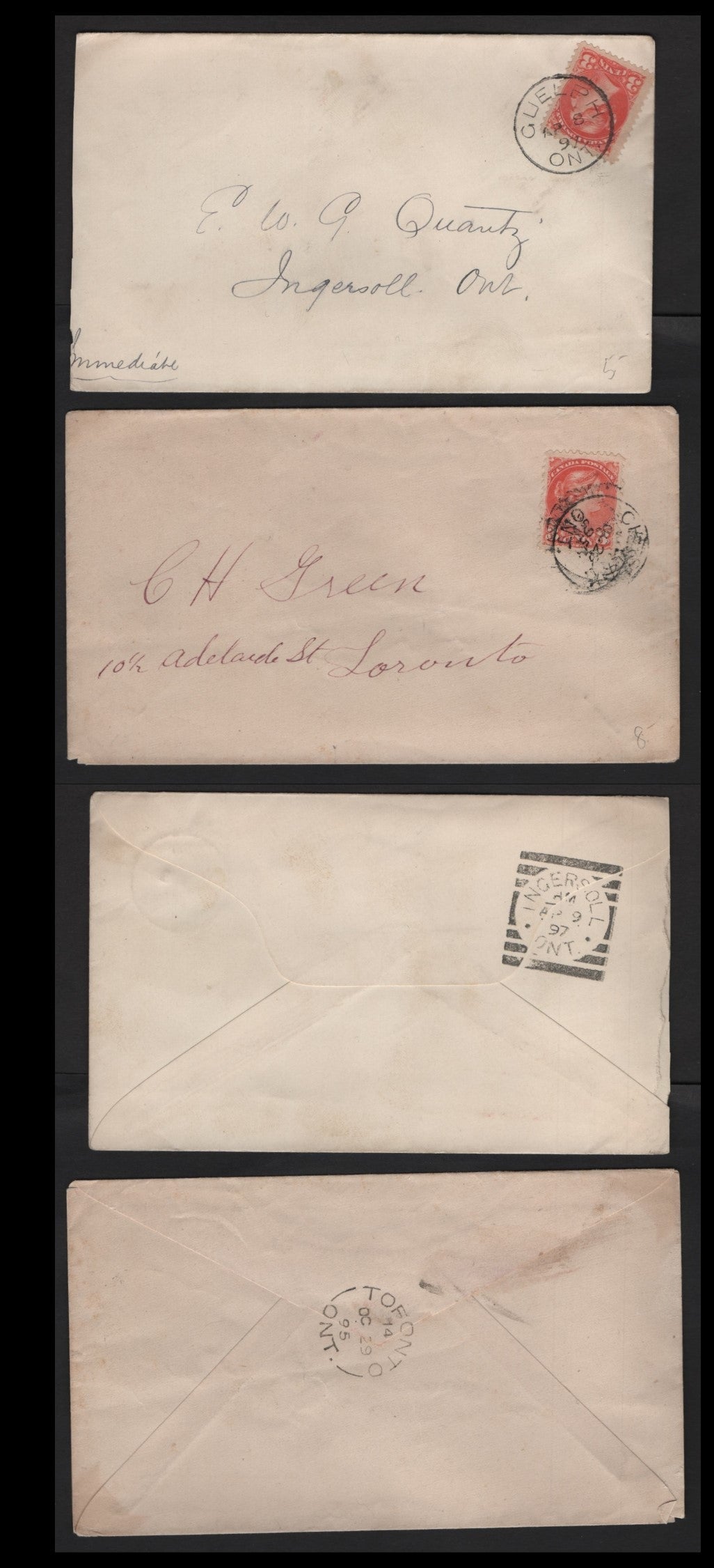 Lot 225 Canada #41 3c Vermilion Queen Victoria, 1870-1897 Small Queen Issue, 2 Fine & VF Domestic Covers Franked With Single Second Ottawa Printings, Guelph, Chester CDS Cancels, Ingersoll  Squared Circle & Toronto Split Ring Cancels