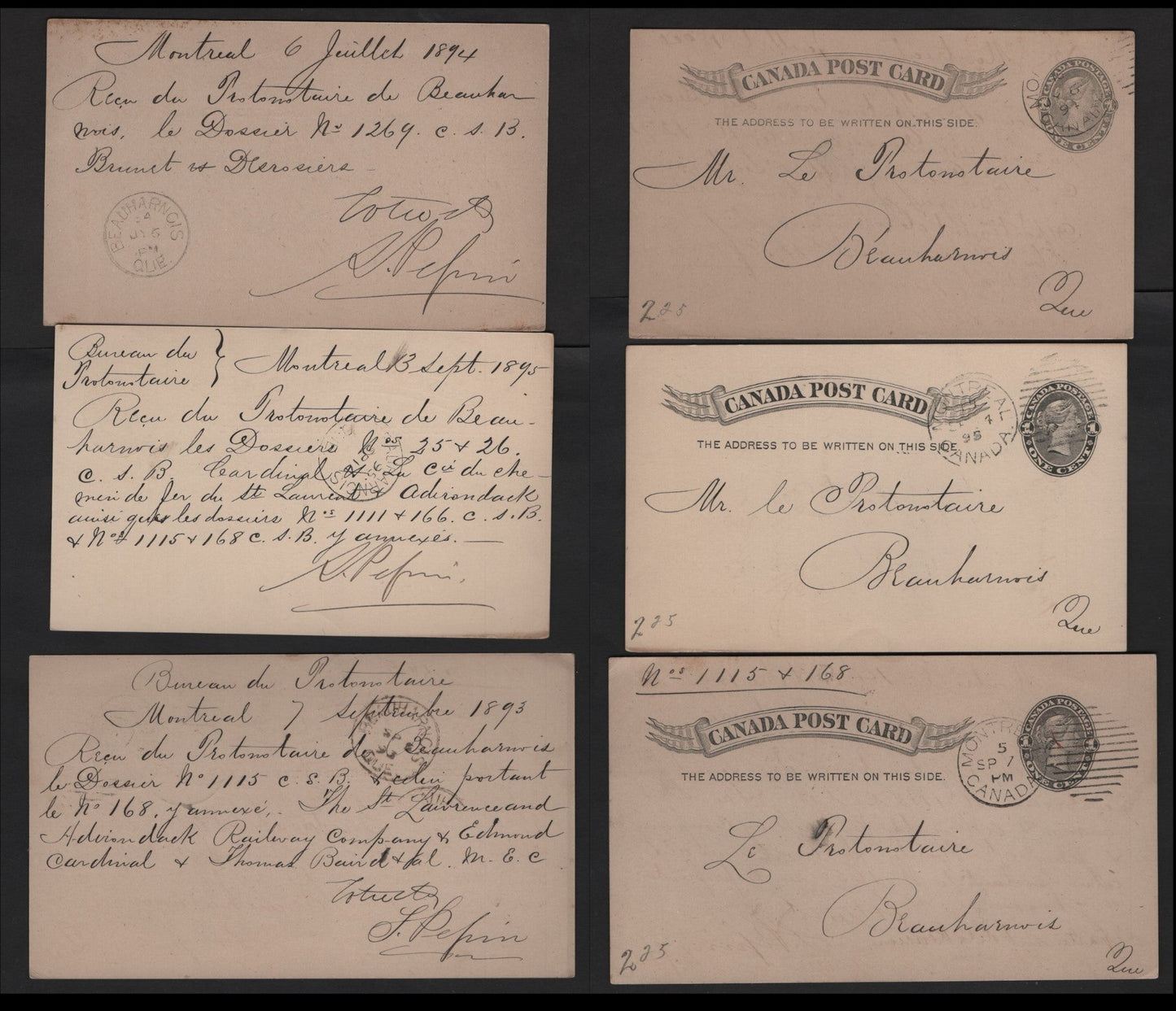 Lot 226 Canada #UX13-UX14 1c Grey Black & Black Queen Victoria, 1893-1896 Small Queen Issue, 3 VF Postcards 150mm x 92 mm and 140mm x 86mm, 1893-1895 Montreal Duplex Cancels