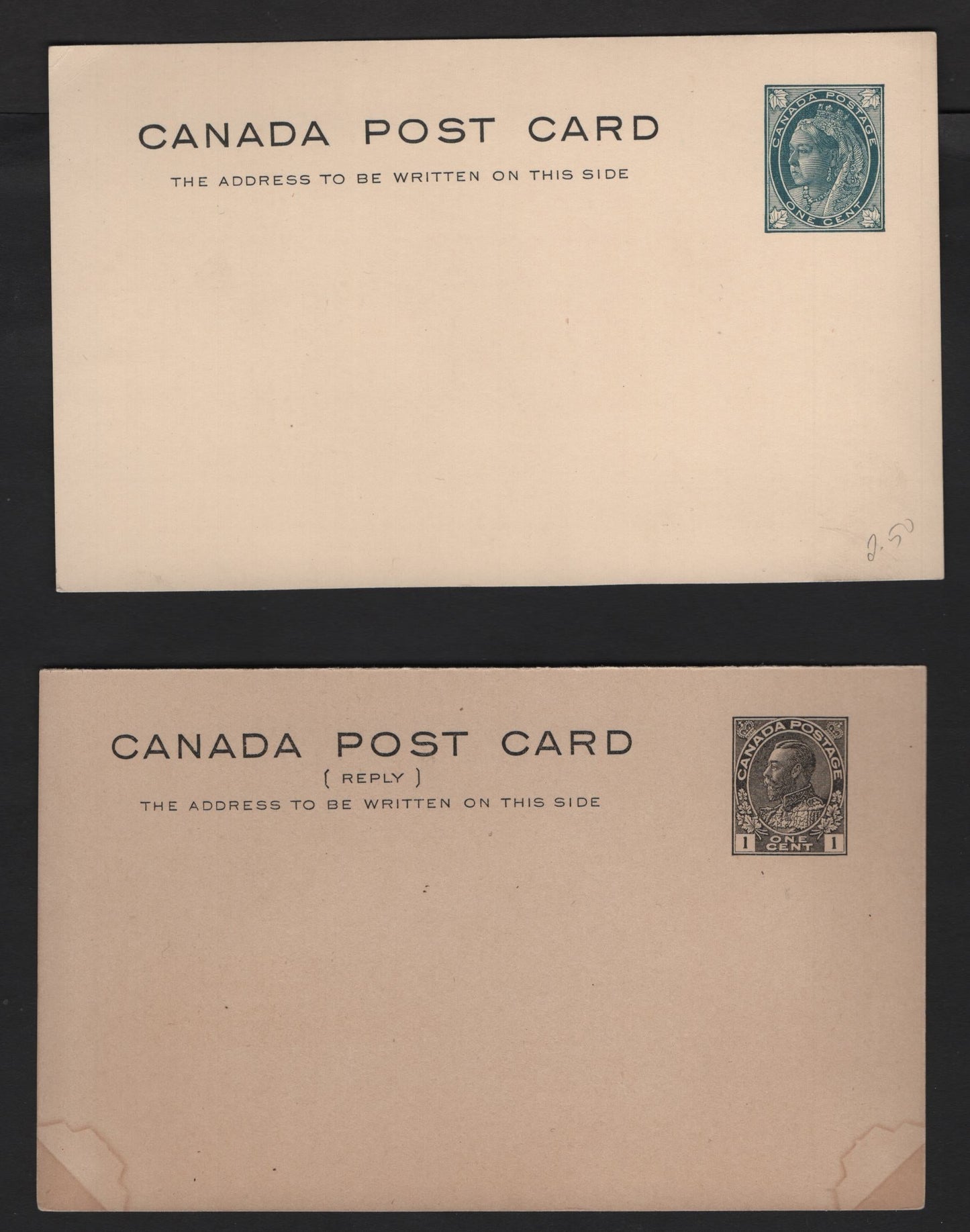 Lot 227 Canada #UX17, UY32 1c Blue Green & Black Queen Victoria & King George V, 1897-1929 Maple Leaf & Admiral Issues, 2 Fine & VF Postcards Reply Card Is Type 13, Small Water Stains in Lower Corners
