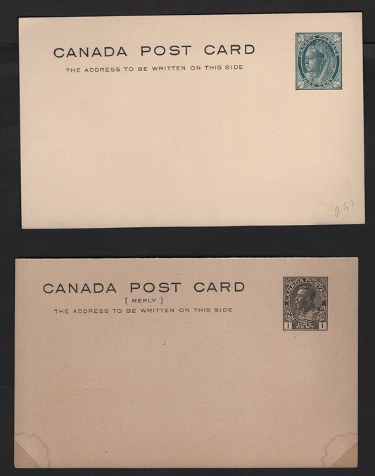 Lot 227 Canada #UX17, UY32 1c Blue Green & Black Queen Victoria & King George V, 1897-1929 Maple Leaf & Admiral Issues, 2 Fine & VF Postcards Reply Card Is Type 13, Small Water Stains in Lower Corners