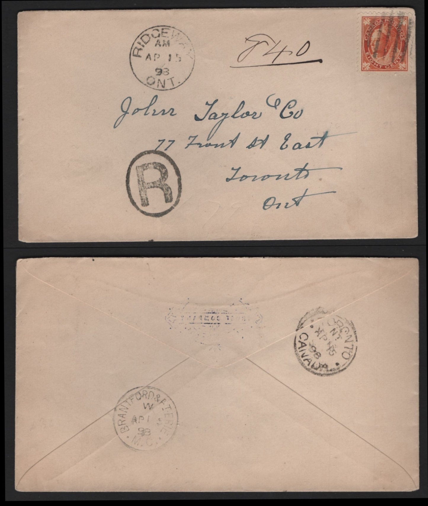 Lot 229 Canada #72iii 8c Brownish Orange Queen Victoria & King George V, 1897-1898 Maple Leaf Issue, A VF Registered Domestic Cover Franked With Single, Ridgeway, ON CDS On Face, Brantford & Terie RPO Transit Backstamp & Toronto Arrival Backstamp
