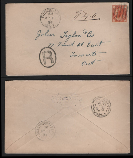 Lot 229 Canada #72iii 8c Brownish Orange Queen Victoria & King George V, 1897-1898 Maple Leaf Issue, A VF Registered Domestic Cover Franked With Single, Ridgeway, ON CDS On Face, Brantford & Terie RPO Transit Backstamp & Toronto Arrival Backstamp