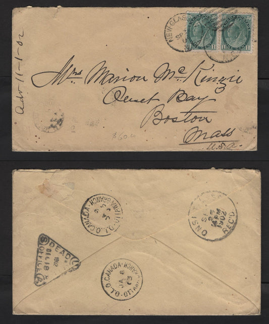 Lot 230 Canada #75ii 1c Blue Green Queen Victoria & King George V, 1898-1902 Numeral Issue, A Fine Dead Letter Office Cover Franked With Pair, Tied By New Glasgow NS CDS, DLO Backstamps & Final US Receiving Backstamp