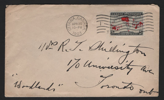 Lot 231 Canada #85i 2c Black, Grey & Bright Aniline Red Mercator's Projection, 1898 Imperial Penny Postage Issue, A Fine Domestic Cover Franked With A Single, 1903 Ottawa Machine Cancel
