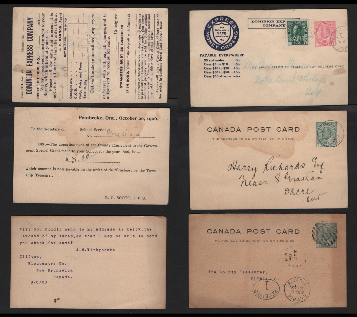 Lot 232 Canada #UX22-22a, UX23 1c Green, Rose King Edward VII, 1903-1904 King Edward VII Issue, 3 Fine  Postcards One With Pre-Printed Dominion Express Info, Uprated, Pembroke ON CDS, Usal Age Toning & Light Creases