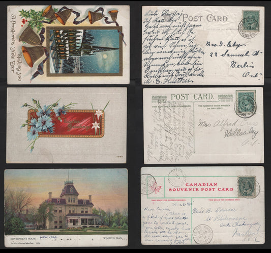 Lot 235 Canada #89iii 1c Blue Green King Edward VII, 1903-1911 King Edward VII Issue, 3 Fine & VF Picture Postcards All With RPO Cancels, New Year, Easter & Government House, Winnipeg, MB