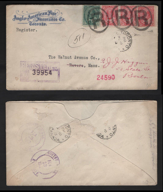 Lot 239 Canada #89i, 90i 1c-2c Deep Green & Rose Carmine King Edward VII, 1903-1911 King Edward VII Issue, A Fine Registered Domestic Cover Franked With Three 2c & One 1c Stamps, Tied With Oval "R" Cancels, Backflap Missing