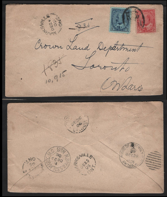 Lot 241 Canada #90-91 2c, 5c Carmine Rose & Blue on Bluish King Edward VII, 1903-1911 King Edward VII Issue, A Fine Registered Domestic Cover Multiple Backstamps Incl. House Of Assembly, Marksville ON Split Ring & North Bay & Ste Marie RPO