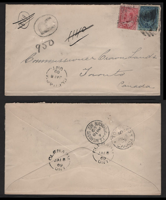 Lot 242 Canada #90-91 2c, 5c Carmine Rose & Blue on Bluish King Edward VII, 1903-1911 King Edward VII Issue, A Fine Registered Domestic Cover Multiple Backstamps Incl., Glenarm ON Split Ring & Blackwater & Midland RPO