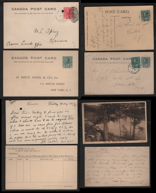 Lot 246 Canada #UX27f, UX33d, UX34d 1c-2c Green & Carmine King George V, 1912-1929 Admiral Issue, 4 VG-F Postcards 1c Type 6, Die 1a, 2c Die 1, Corner Creases On Green Cards, Picture Is "Fairy Lake", Kawartha Lakes
