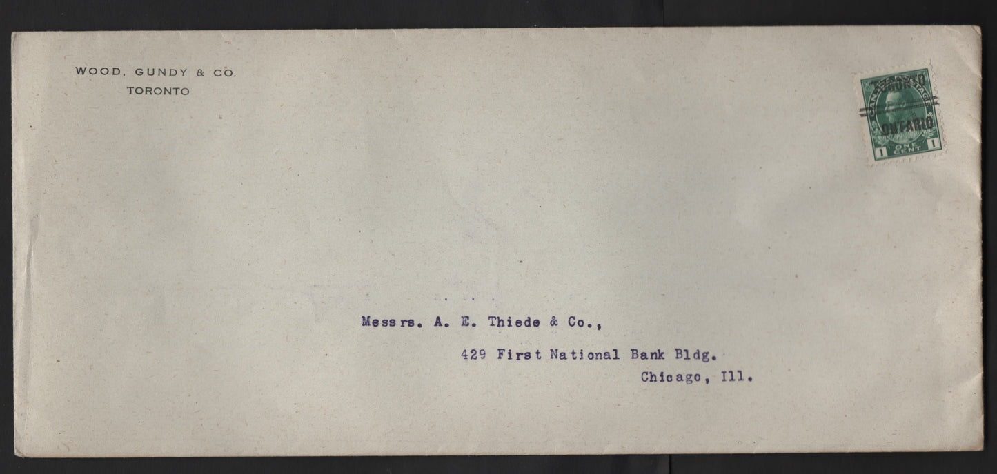 Lot 247 Canada #104xx 1c Dark Green King George V, 1911-1928 Admiral Issue, A VF Domestic Printed Matter Cover Franked With Single Bearing Toronto Style 5 Precancel, Wood Gundy & Co. Corner Card