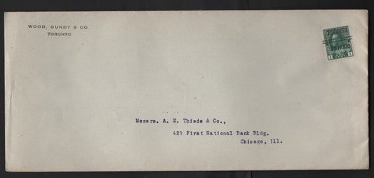 Lot 247 Canada #104xx 1c Dark Green King George V, 1911-1928 Admiral Issue, A VF Domestic Printed Matter Cover Franked With Single Bearing Toronto Style 5 Precancel, Wood Gundy & Co. Corner Card
