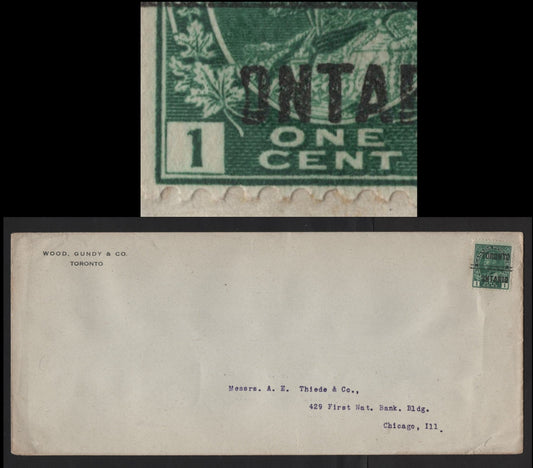 Lot 248 Canada #104xx 1c Dark Green King George V, 1911-1928 Admiral Issue, A VF Domestic Printed Matter Cover Franked With Single Bearing Toronto Style 5 Precancel With Battered "O" In "Ontario", Wood Gundy & Co. Corner Card