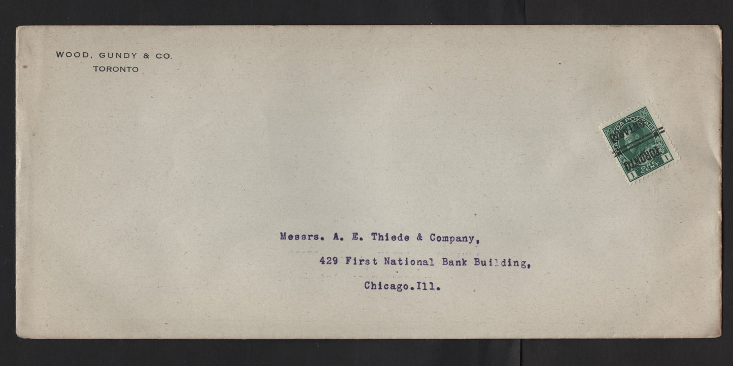 Canada #104xx 1c Dark Green King George V, 1911-1928 Admiral Issue, A VF Domestic Printed Matter Cover Franked With Single Bearing Inverted Toronto Style 5 Precancel, Wood Gundy & Co. Corner Card