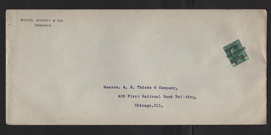 Lot 249 Canada #104xx 1c Dark Green King George V, 1911-1928 Admiral Issue, A VF Domestic Printed Matter Cover Franked With Single Bearing Inverted Toronto Style 5 Precancel, Wood Gundy & Co. Corner Card