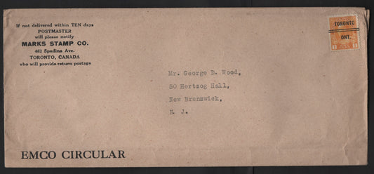 Lot 250 Canada #105xx 1c Yellow Orange King George V, 1911-1928 Admiral Issue, A Fine Domestic Printed Matter Cover Franked With Single Bearing Toronto Style 10 Precancel, Marks Stamp Co. Corner Card, Stamp Has A Corner Crease