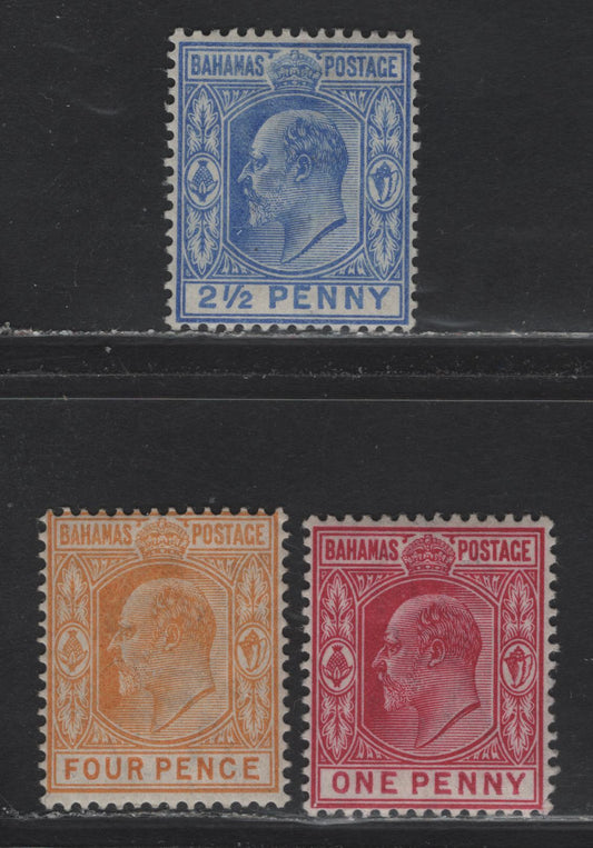 Lot 25 Bahamas SG#62-64 1d - 4d Carmine - Orange King Edward VII, 1902-1907 King Edward VII Keyplates Issue, 3 F/VFOG Singles, Crown CA Wmk