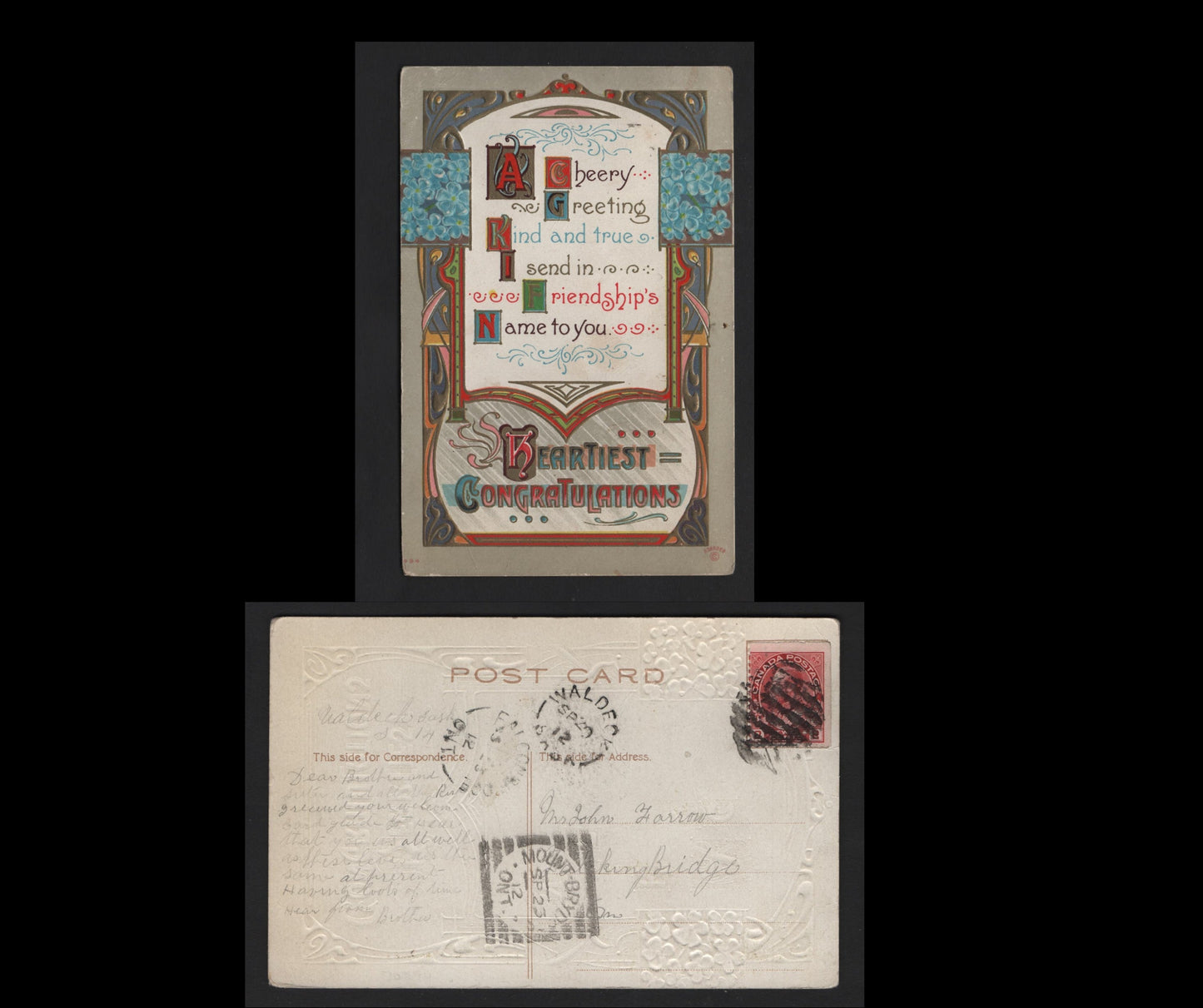 Lot 251 Canada #106avs 2c Rose Carmine King George V, 1911-1928 Admiral Issue, A VF Congratulations Postcard Franked With Horizontal Wove Paper Booklet Single, Mount Brydges Squared Circle, Waldeck & Falconbridge Split Ring Cancels