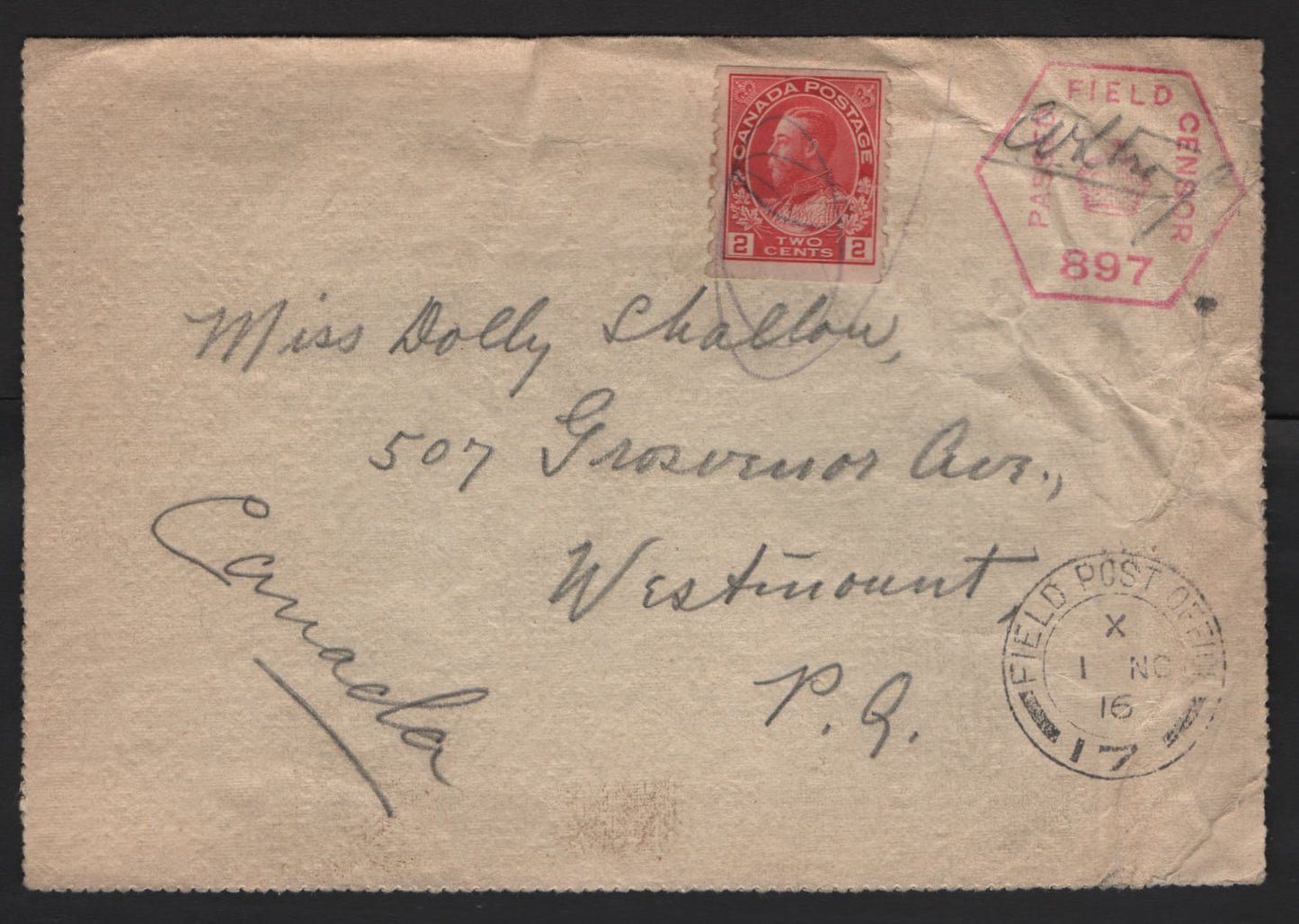 Lot 252 Canada #127i 2c Pale Bright Rosine King George V, 1911-1928 Admiral Issue, A Fine Field Post Office Military Cover Franked With Perf. 8 Vertical Coil Single, Tied By Pencil, British Field Post Office CDS and Signed Hexagonal Field Censor Marking