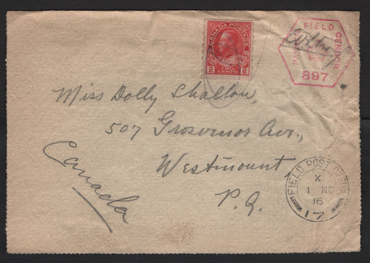 Lot 252 Canada #127i 2c Pale Bright Rosine King George V, 1911-1928 Admiral Issue, A Fine Field Post Office Military Cover Franked With Perf. 8 Vertical Coil Single, Tied By Pencil, British Field Post Office CDS and Signed Hexagonal Field Censor Marking