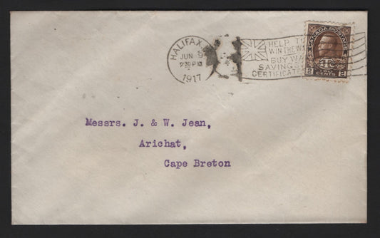 Lot 253 Canada #MR4 2c +1c Dark Yellow Brown King George V, 1911-1928 Admiral Issue, A VF Domestic Cover Franked With A Single,Clear " Help Win The War, Buy War Savings Certificates" Slogan Cancel