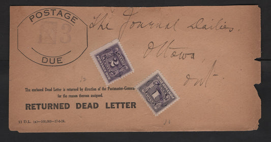 Lot 254 Canada #J1, J2a 1c-2c Violet Numerals, 1906-1928 First Postage Due Issue, A VG-F Returned Dead Letter Sleeve Franked With Singles, These Sleeves Contained The Dead Letter Being Returned