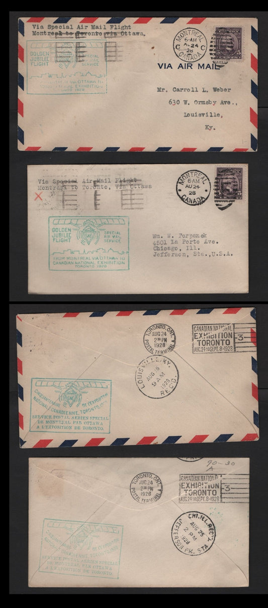 Lot 255 Canada AAMC#2837a 5c Dull Slate Violet Wilfred Laurier, 1927 Confederation Issue, 2 Fine Commemorative Fight Covers CNE Golden Jubilee Flight: Montreal-Toronto, Blue & Green Cachets, Franked With Single #144's
