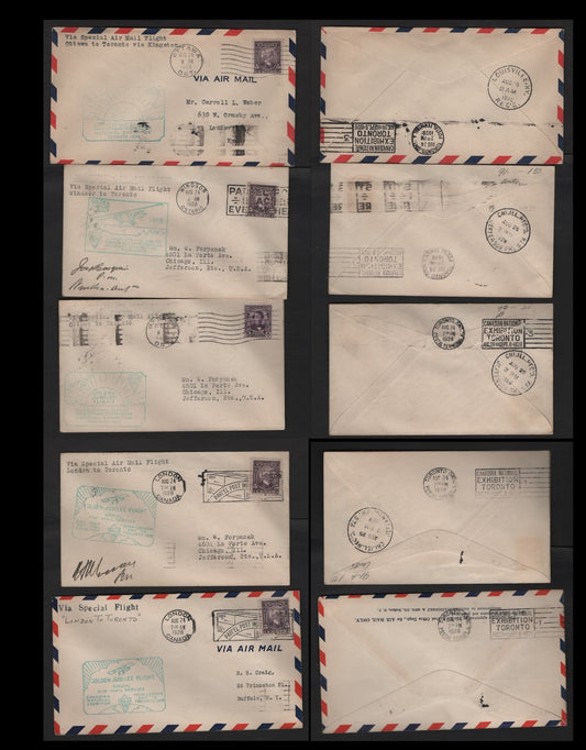 Lot 256 Canada AAMC#2837b, d, e 5c Dull Slate Violet & Dark Purple Wilfred Laurier & D'Arcy McGee, 1927 Confederation & Historical Issues, 5 Fine & VF Commemorative Fight Covers CNE Golden Jubilee Flight: London-Toronto, Ottawa-Toronto & Windsor-Toronto